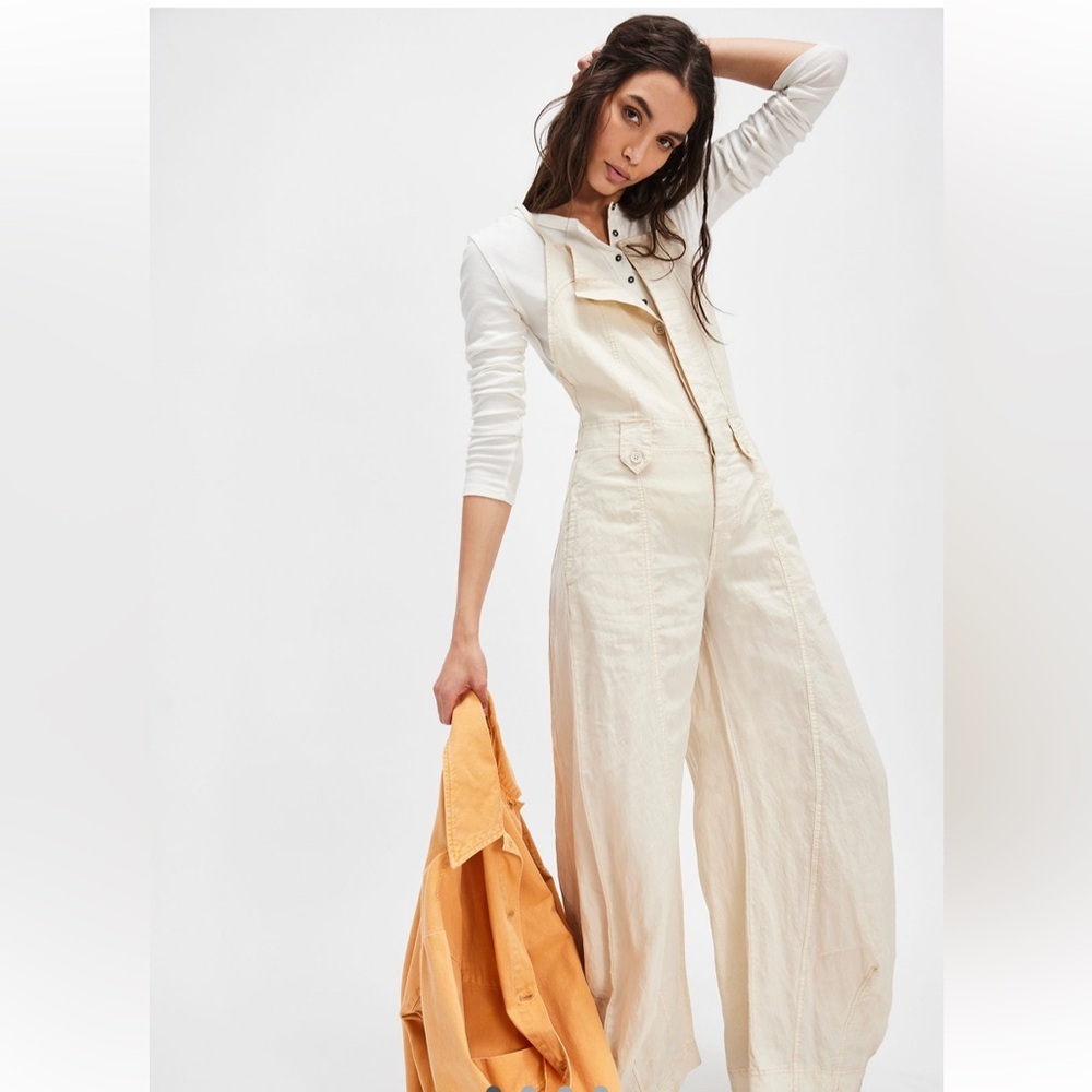 Free People Cream Wide-Leg Jumpsuit with Belted Waist